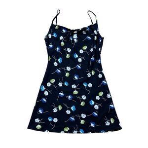 90s Y2K Vintage Black Floral Mini Dress Peek A Boo Scoop Neck M Collection Small